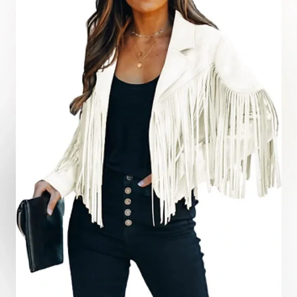 CHARTOU Women's Chic Cropped Tassel Fringe Faux Suede Moto Jacket NWT - Picture 5 of 13